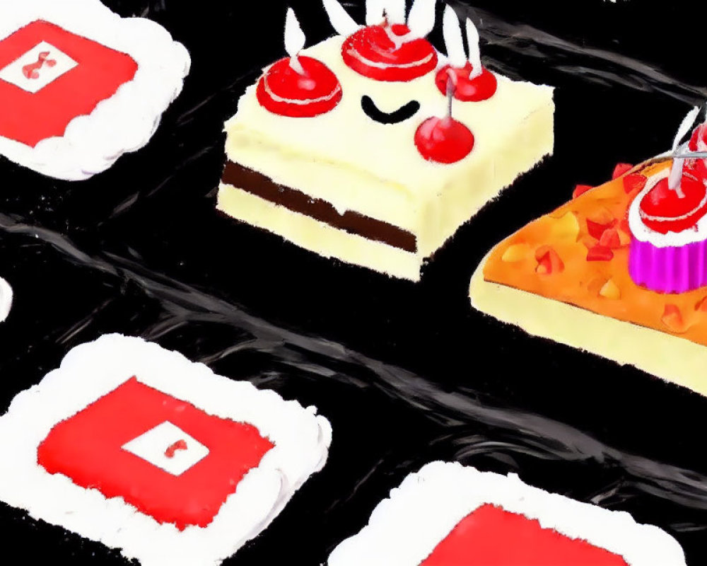 Assorted stylized cakes with cherries on black background