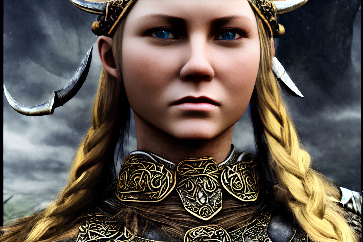 Digital portrait of woman in Viking-inspired armor with blue eyes