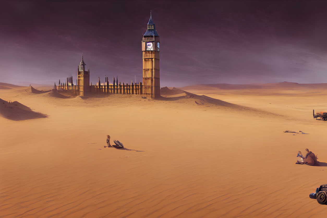 Iconic Big Ben in surreal desert landscape under orange sky