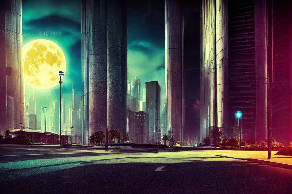 Futuristic cityscape with skyscrapers, moon, and neon hues