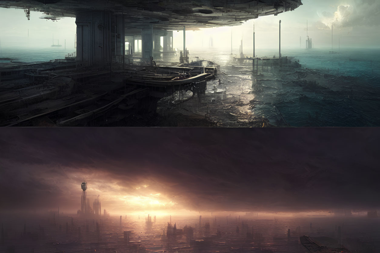 Dystopian cityscape split between abandoned daylight scene and submerged sunset remnants