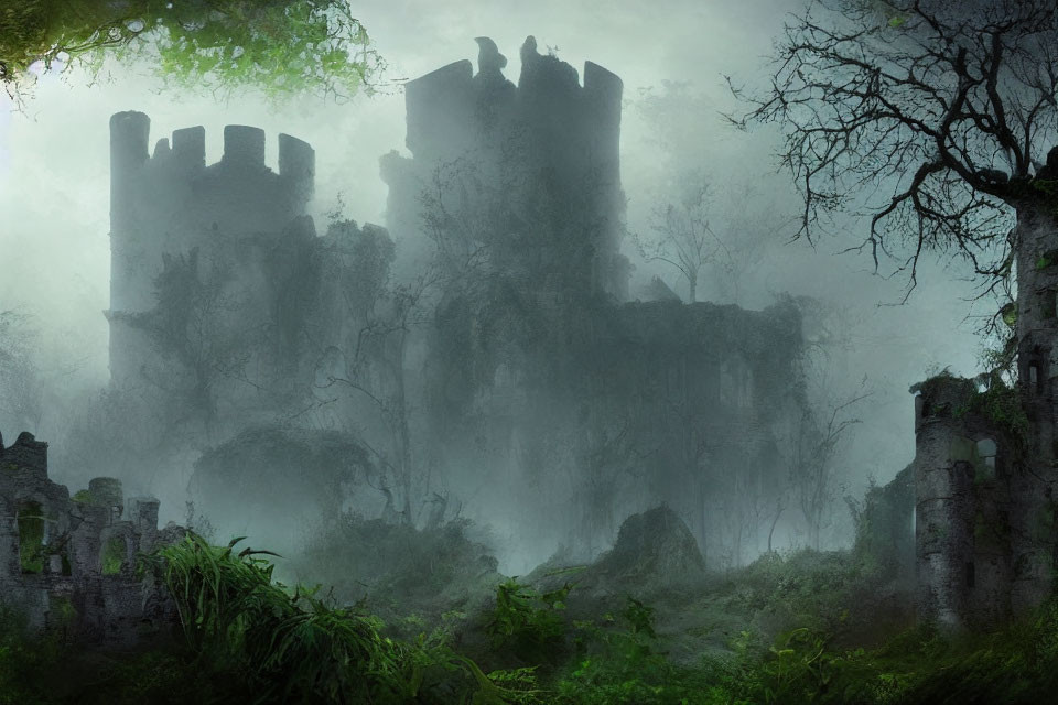 Misty ruins with silhouettes on stone tower in dense foliage