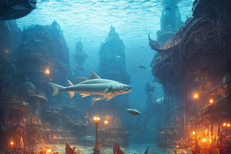 Illuminated underwater cityscape with swimming fish