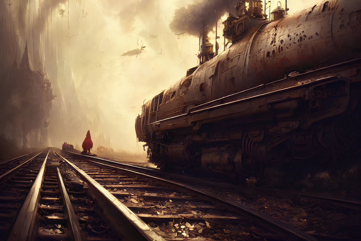Vintage steam locomotive with billowing smoke, cloaked figure, and birds in misty background