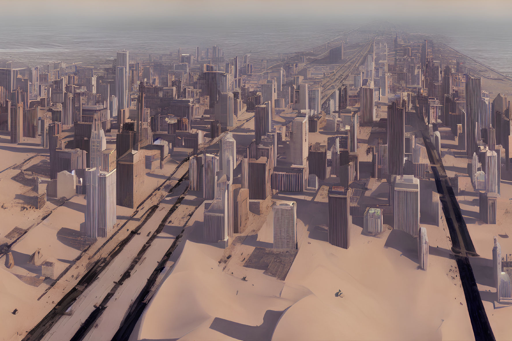 Urban desert landscape with skyscrapers and dunes under hazy sky