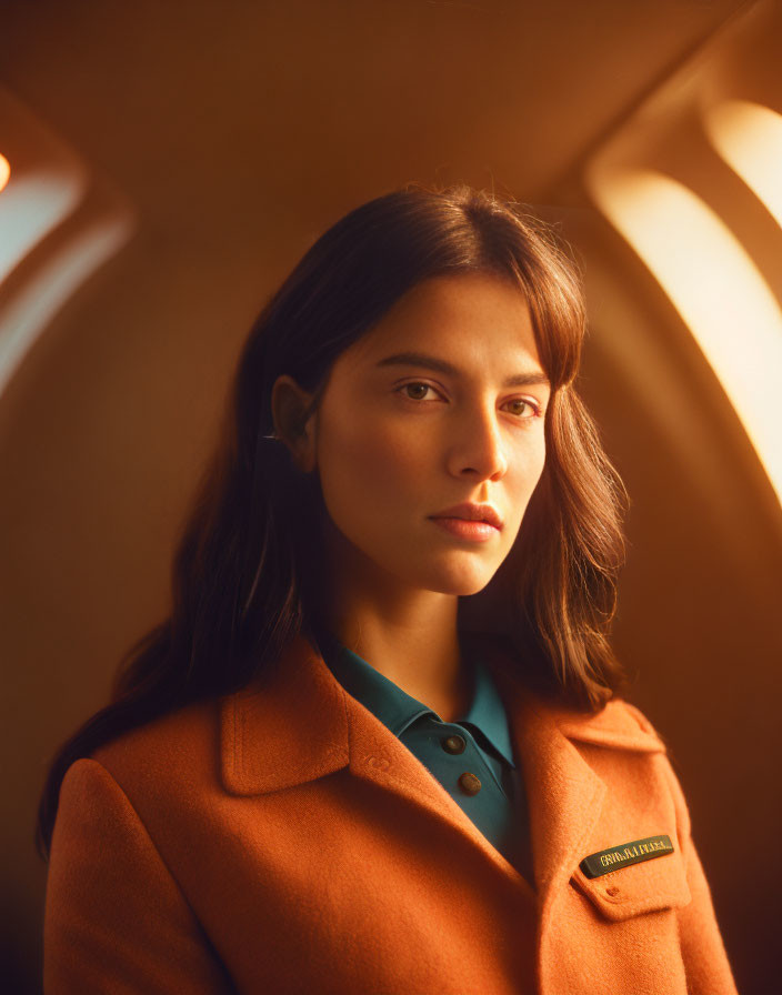Portrait of woman in burnt orange coat with teal shirt, under warm light in arched room