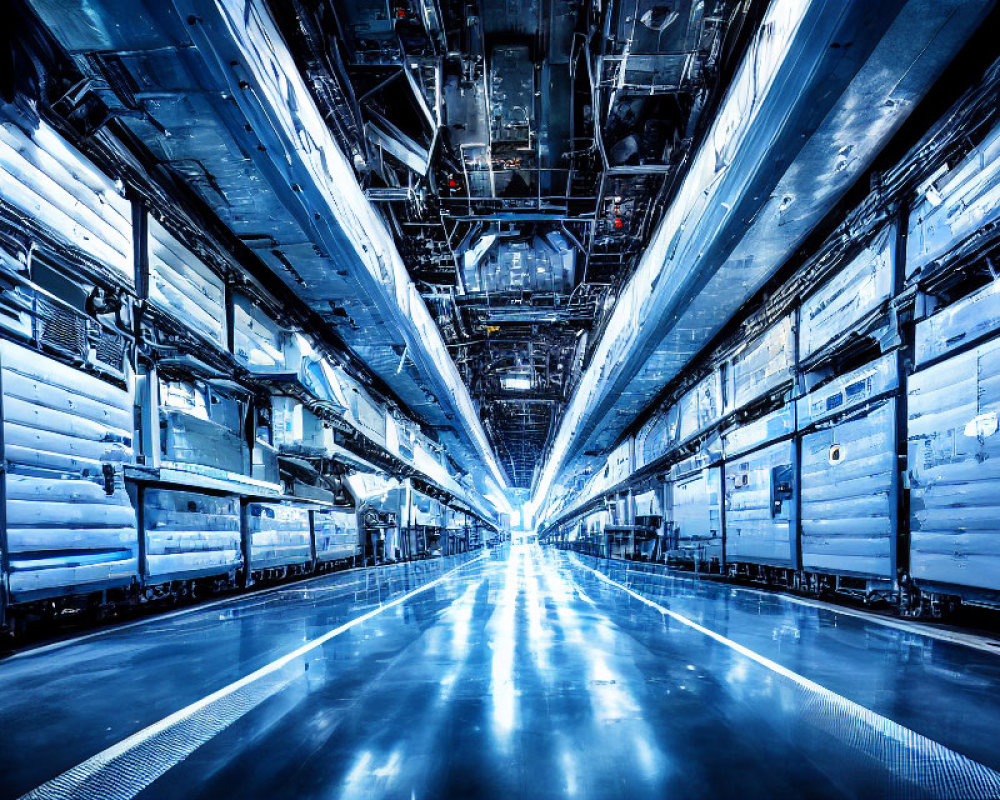 Symmetrical Futuristic Industrial Corridor with High-Tech Lighting