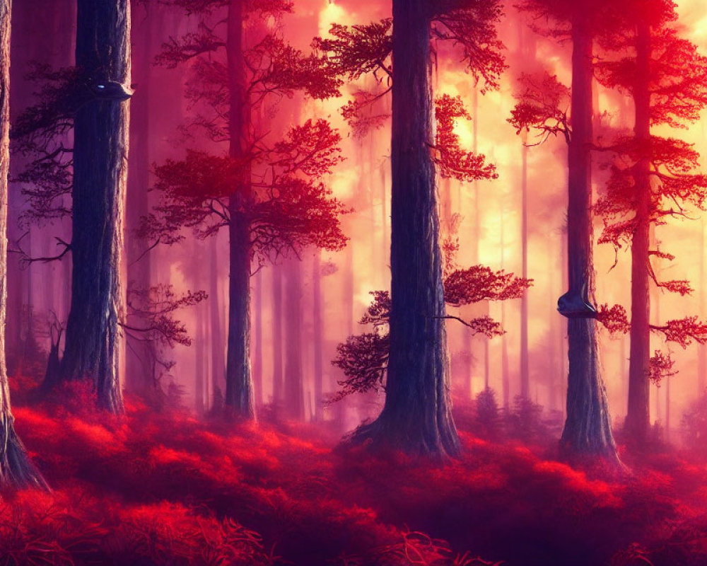 Vibrant red mystical forest with towering trees and foggy atmosphere.