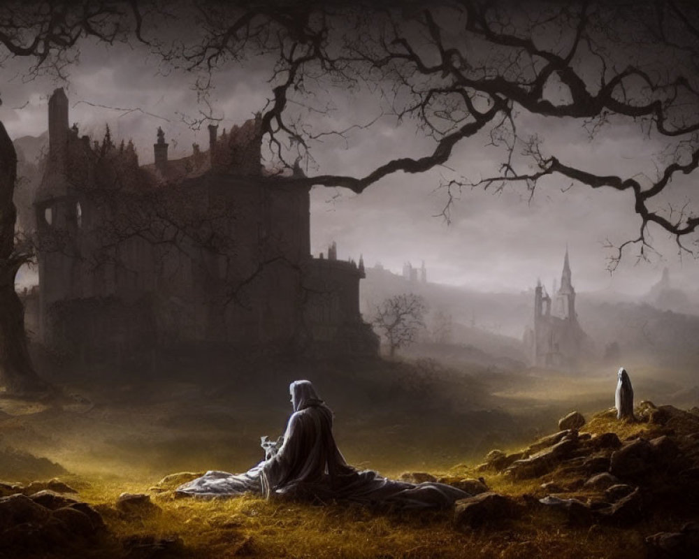 Mysterious cloaked figure under barren tree in desolate landscape