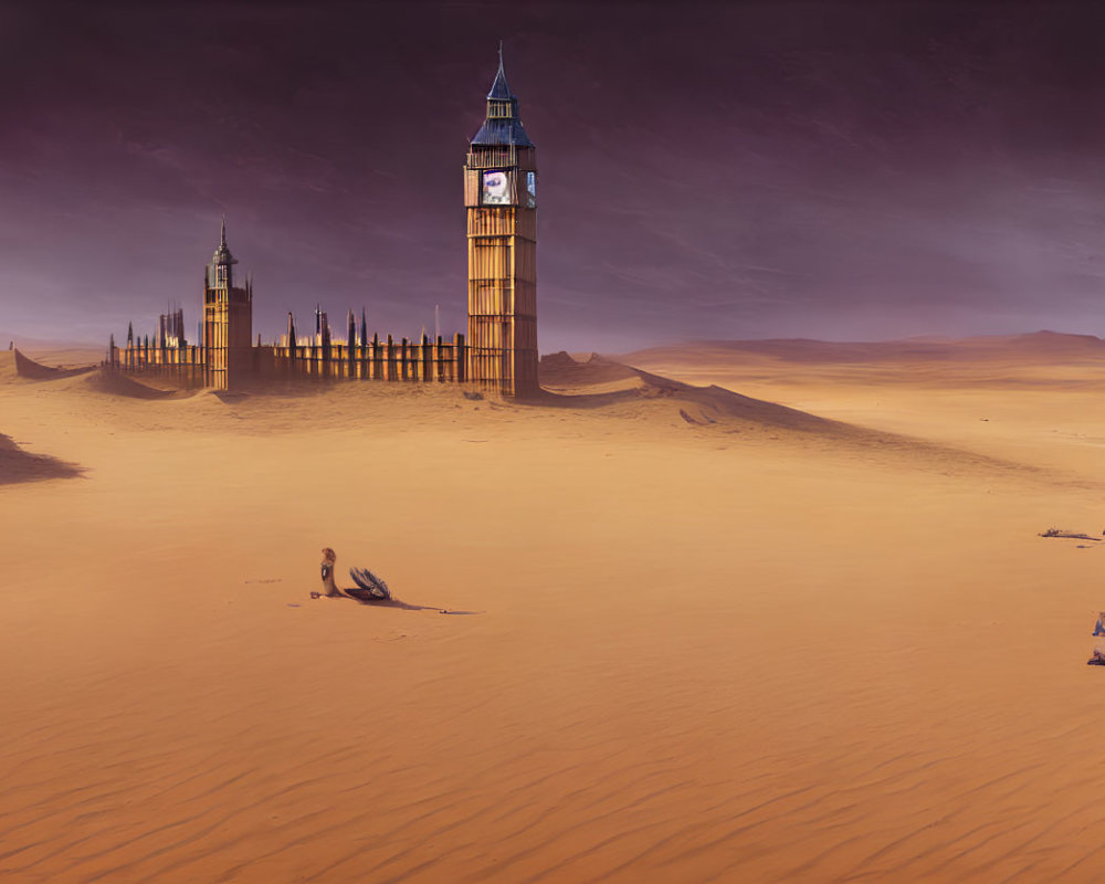 Iconic Big Ben in surreal desert landscape under orange sky