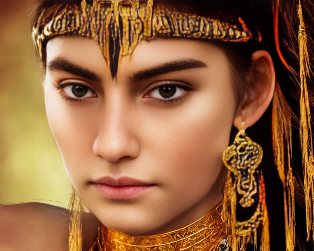 Close-up Portrait of Woman with Striking Eyes and Ornate Gold Jewelry