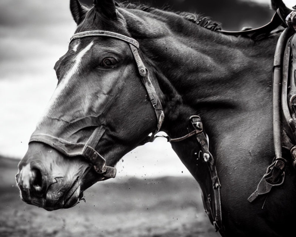 Monochrome close-up of horse's eye and bridle with rider in shot