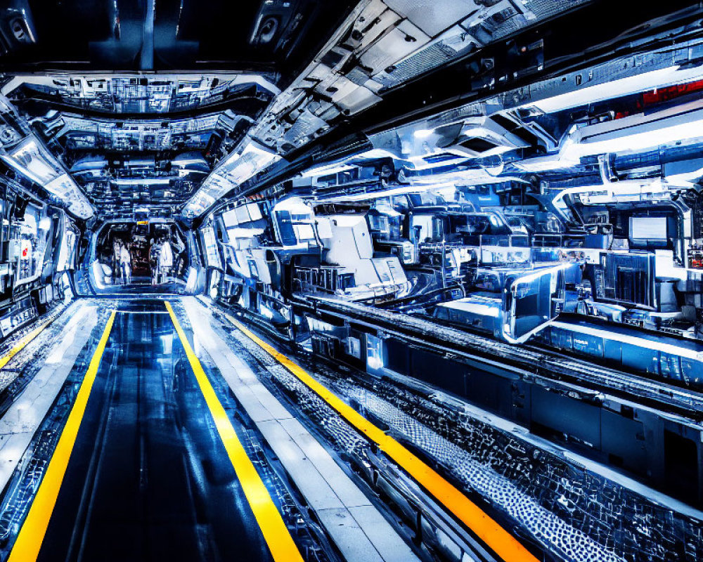 High-Tech Sci-Fi Spaceship Corridor with Blue Illuminated Lights