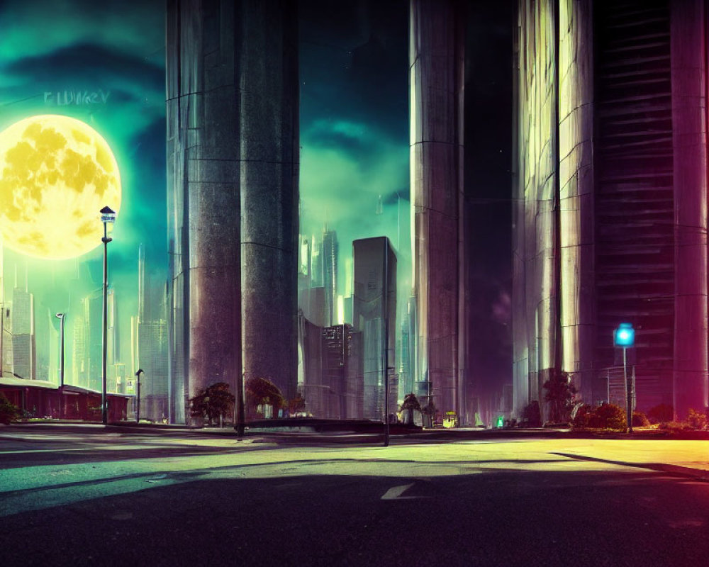 Futuristic cityscape with skyscrapers, moon, and neon hues