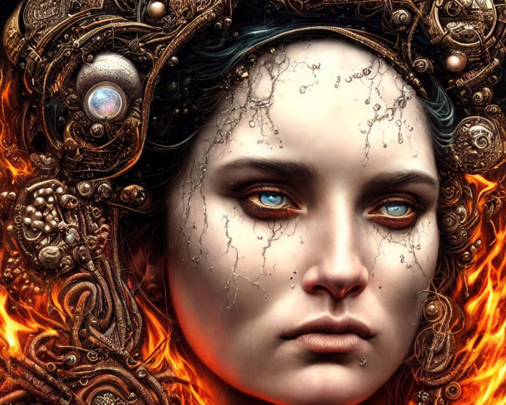 Fantasy portrait of woman with ornate headgear, orange hair, blue eyes, and face designs