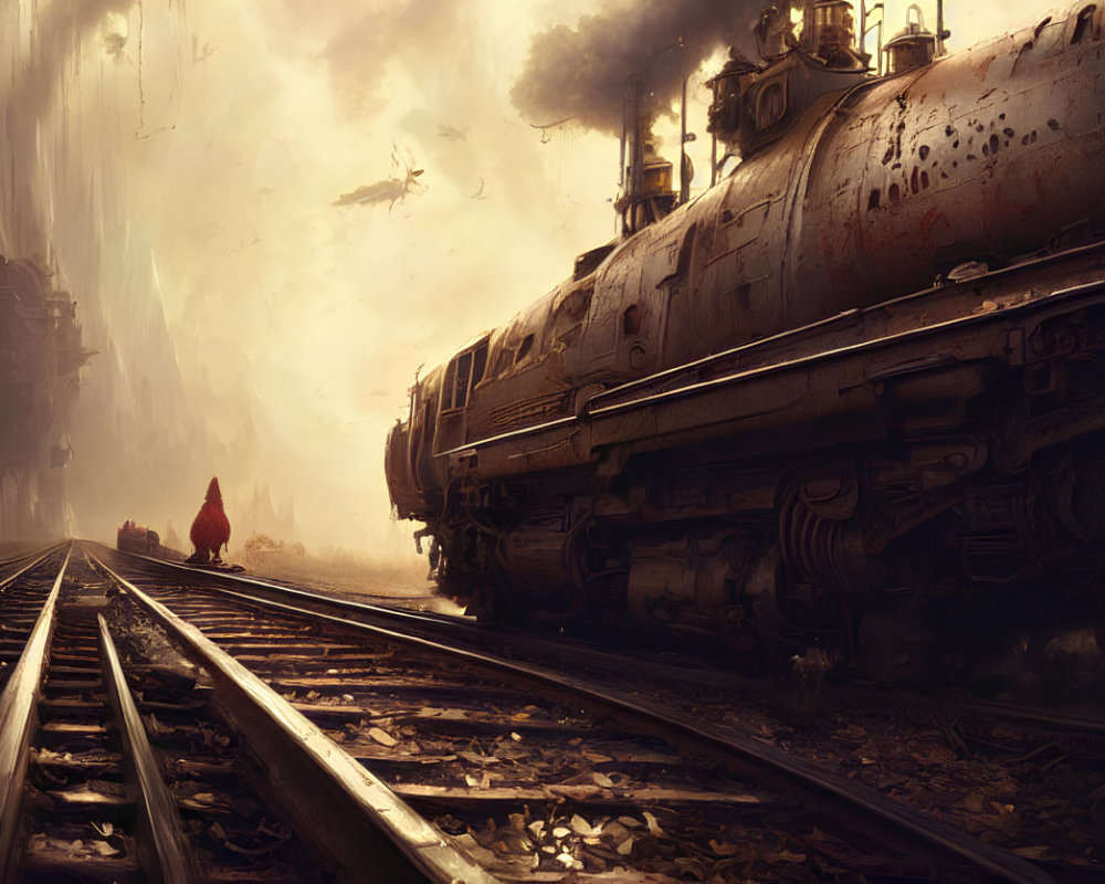 Vintage steam locomotive with billowing smoke, cloaked figure, and birds in misty background