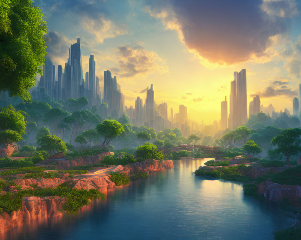 Tranquil urban landscape with river, greenery, and city skyline at sunrise