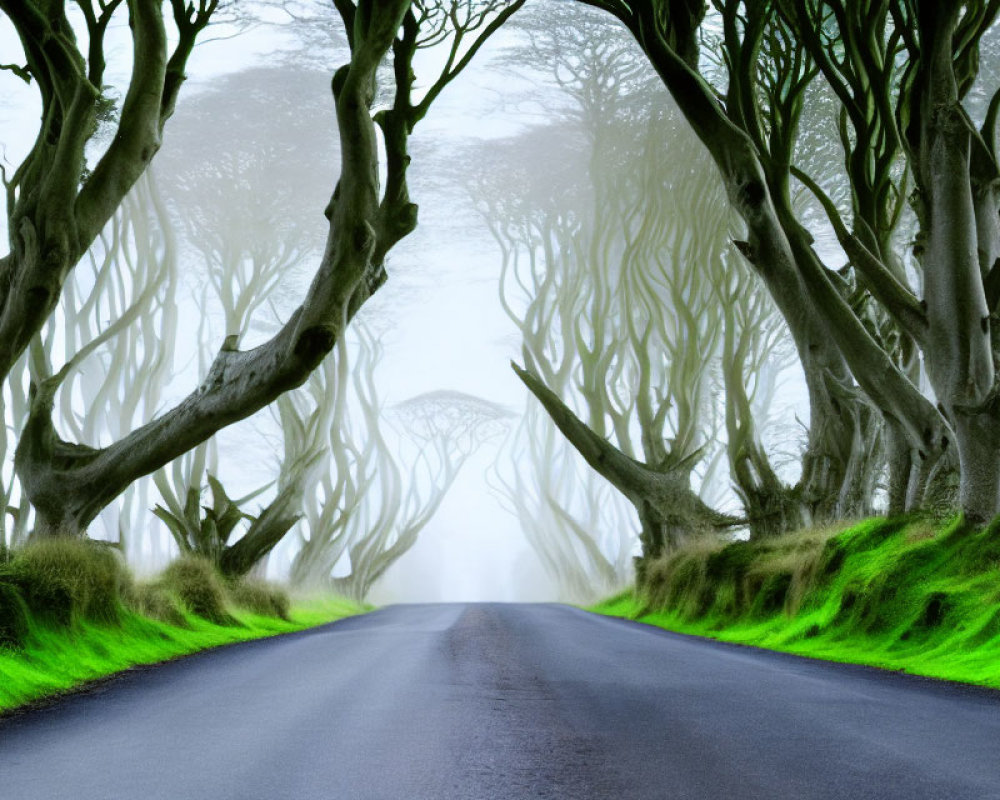 Misty road with twisted beech trees and green grass