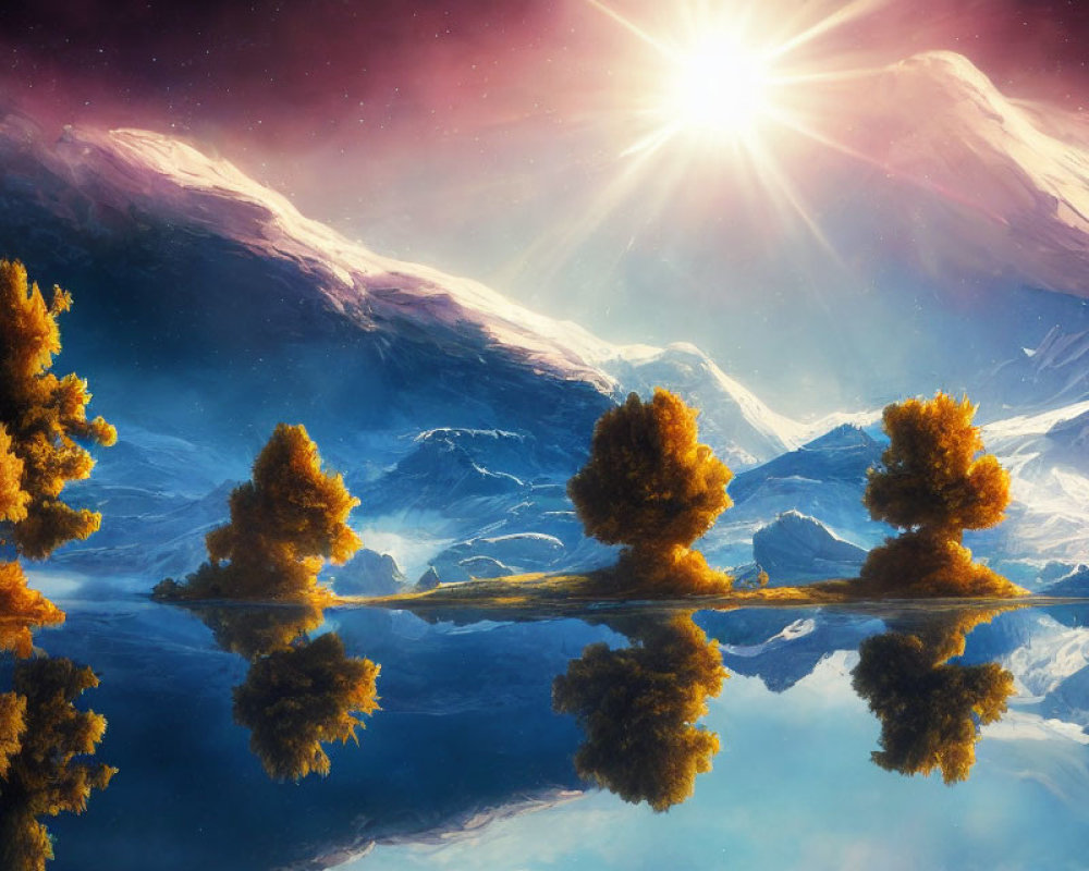 Golden Trees Reflected in Water with Mountains and Sun