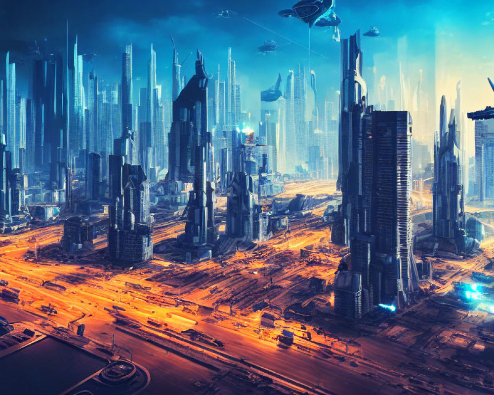 Futuristic cityscape with skyscrapers, illuminated streets, and flying vehicles at dusk