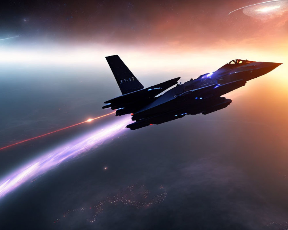 Dramatic sky with cosmic light trails and fighter jet in high-speed flight