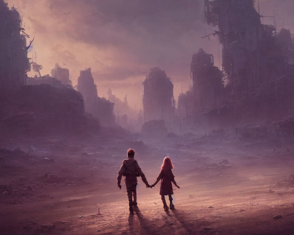 Children walking towards dystopian city ruins under dramatic sky