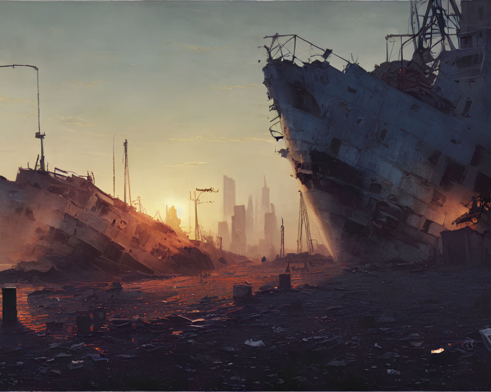 Desolate cityscape with beached ship and derelict buildings at sunset