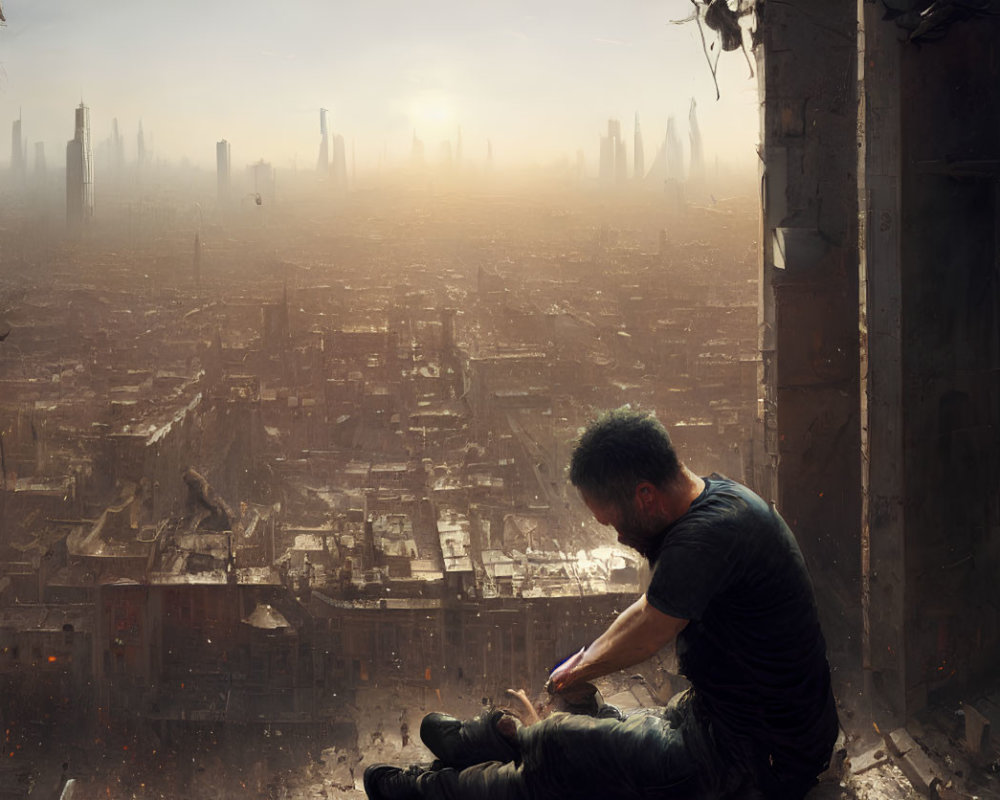 Man overlooking dystopian cityscape from building ledge