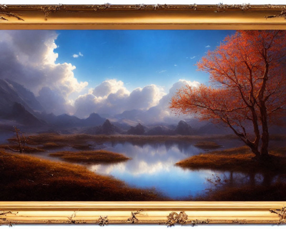 Tranquil landscape with lake, mountains, autumn tree