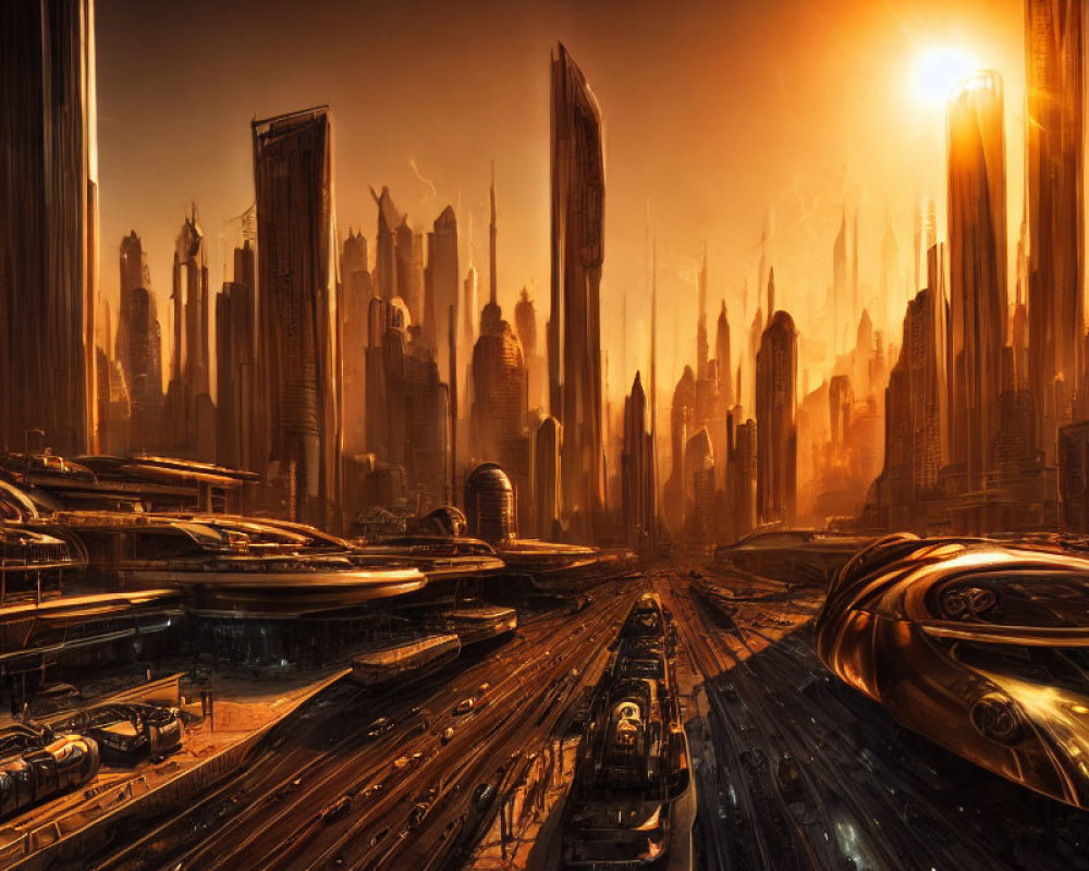 Futuristic cityscape with skyscrapers and flying vehicles