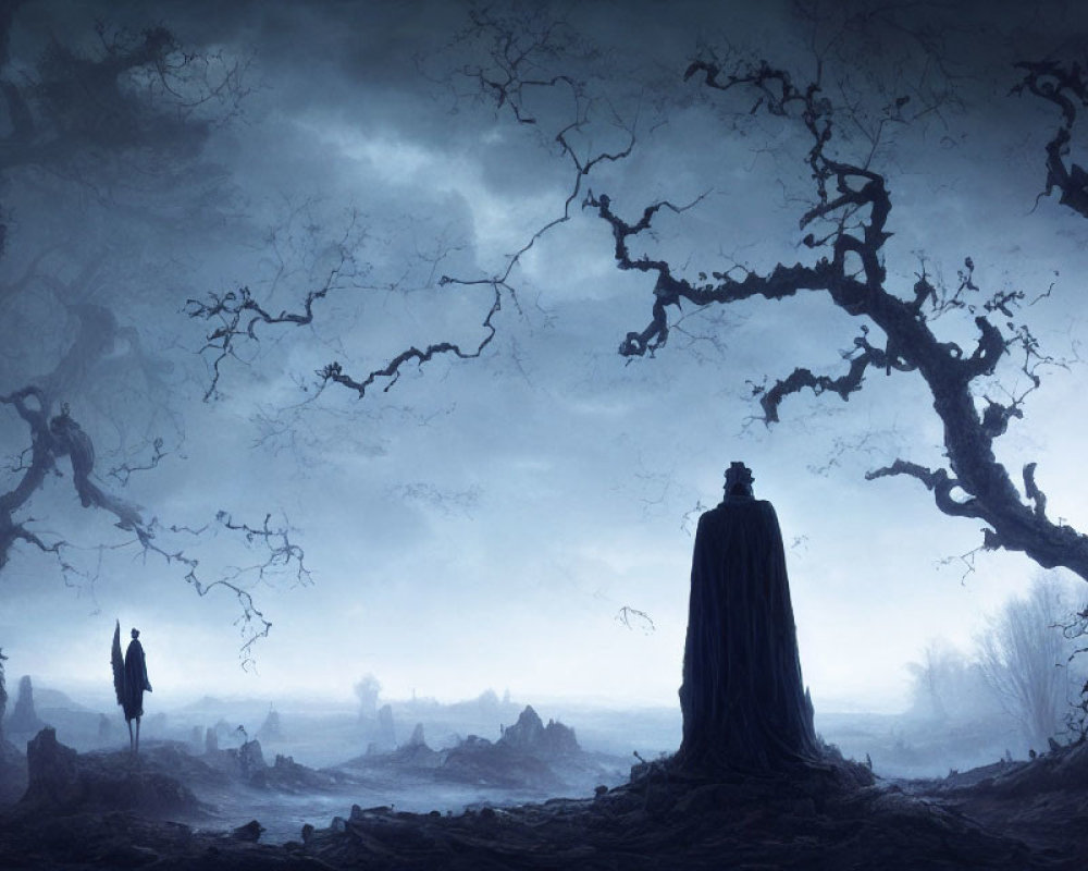 Barren trees and cloaked figures in desolate landscape under blue sky
