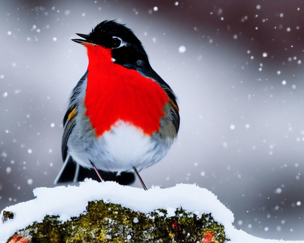 Red and Black Bird on Snow-Covered Surface in Snowfall