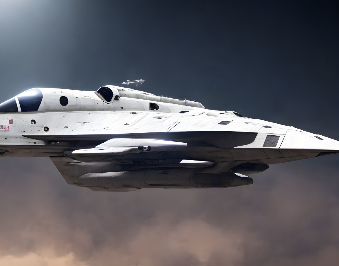 Futuristic white fighter jet soaring in dramatic sky