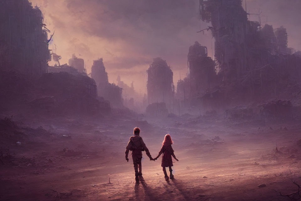 Children walking towards dystopian city ruins under dramatic sky