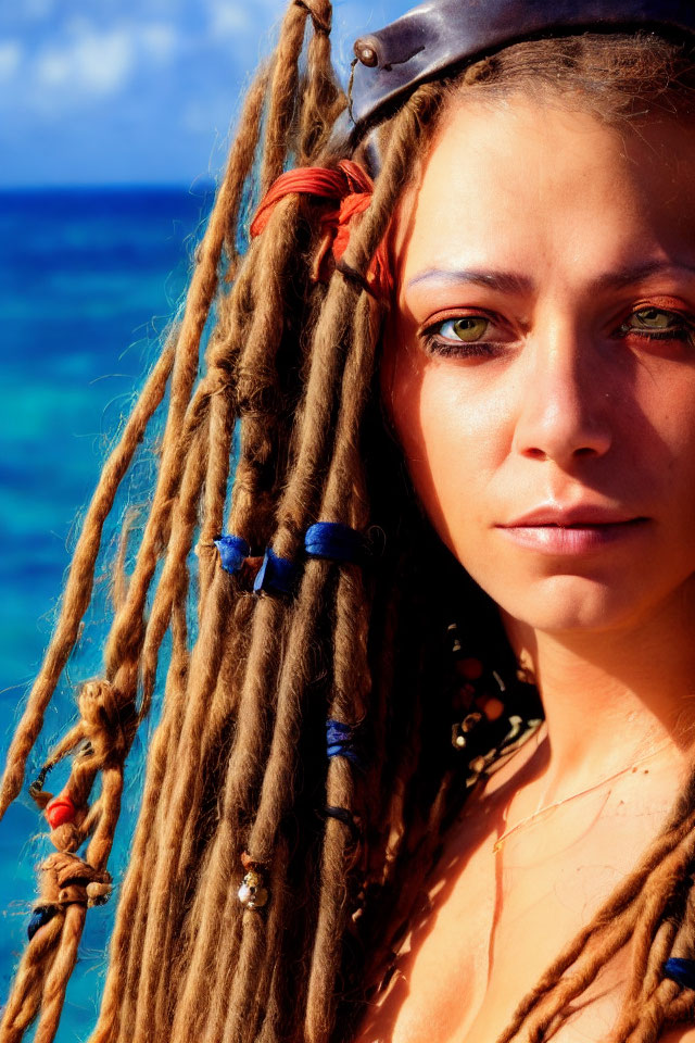 Braided hair with beads and headband against blue sea background