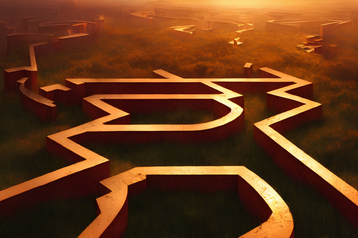 Detailed 3D maze under golden sunrise with soft glowing light in a field