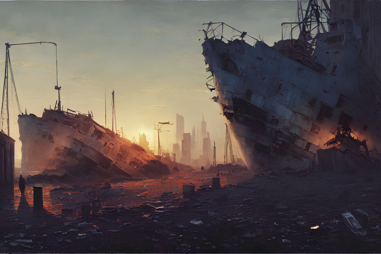 Desolate cityscape with beached ship and derelict buildings at sunset