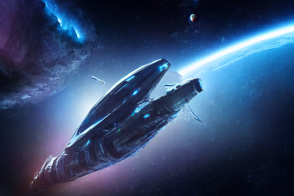 Futuristic spaceship orbiting vivid blue planet in space.