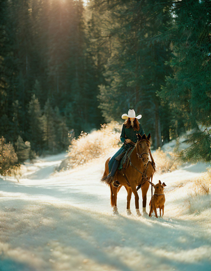 Cowboy hat person rides horse with dog in snowy forest trail.
