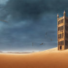 Desolate desert landscape with lone figure on horse approaching sandstone castle