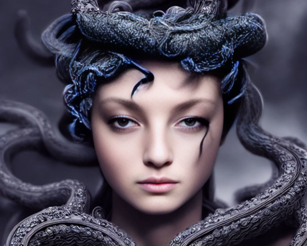 Serene woman with Medusa-like hair on grey backdrop