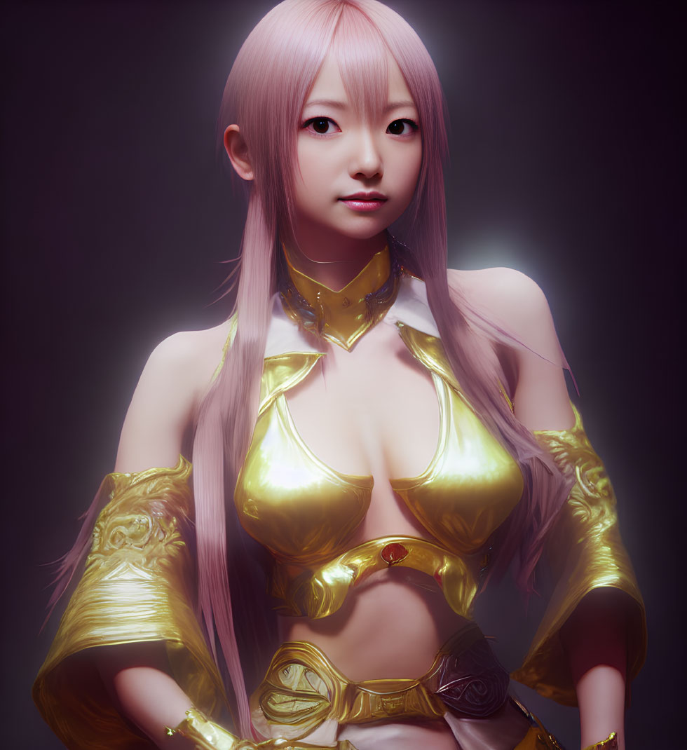 3D-rendered image: Woman with pink hair in golden fantasy armor