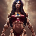 Muscular Female Superhero in Red and Gold Armor with Tiara on Mystical Background