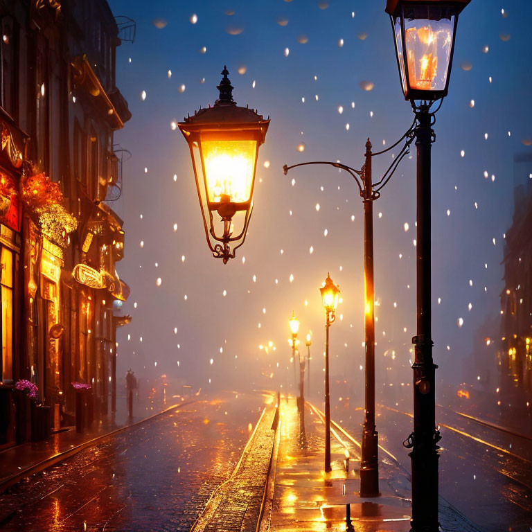 Vintage lamp-lit street on rainy evening with snowflakes and wet cobblestones