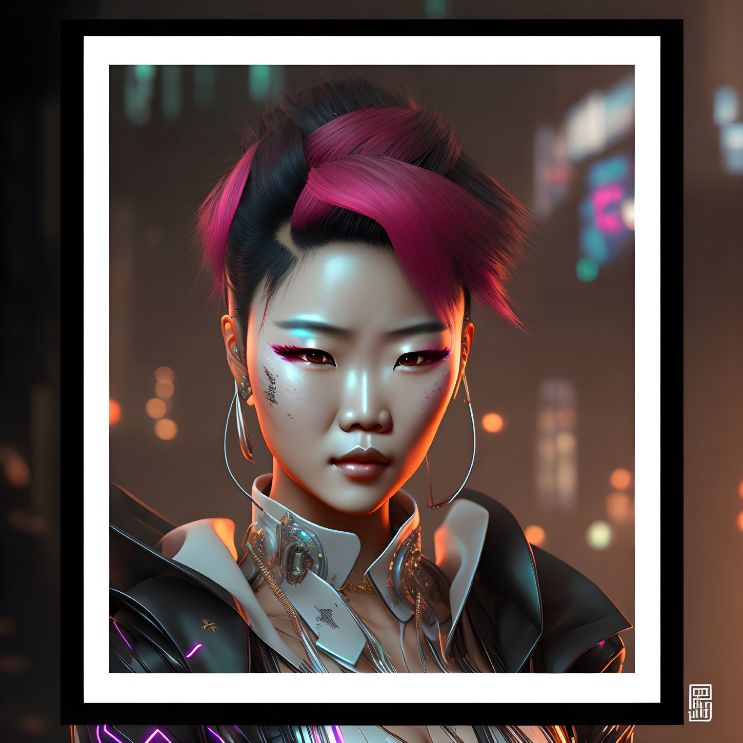 Woman with Pink Mohawk and Glowing Eyes in Neon Cityscape