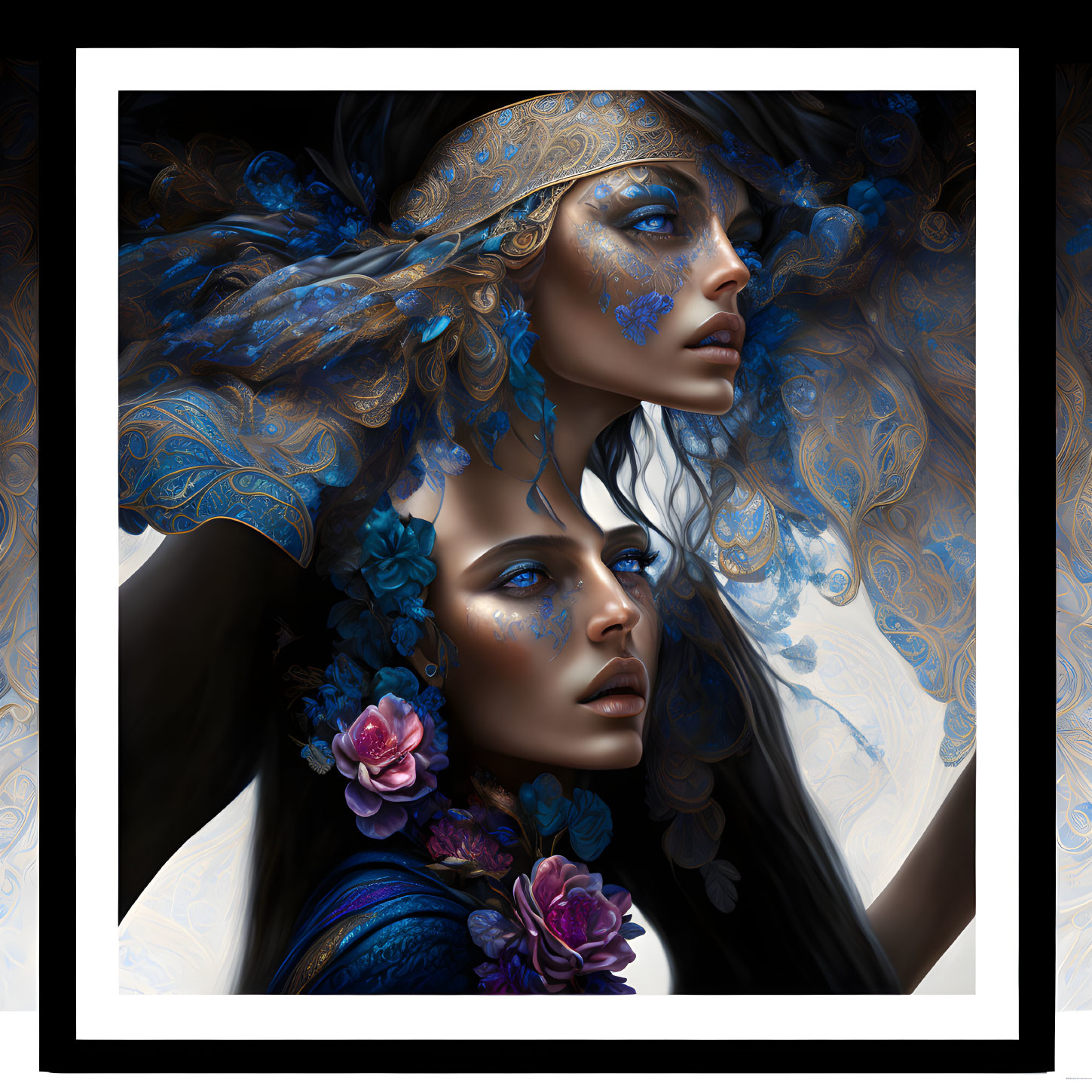 Two Women Illustration: Blue and Gold Ornate Headdresses