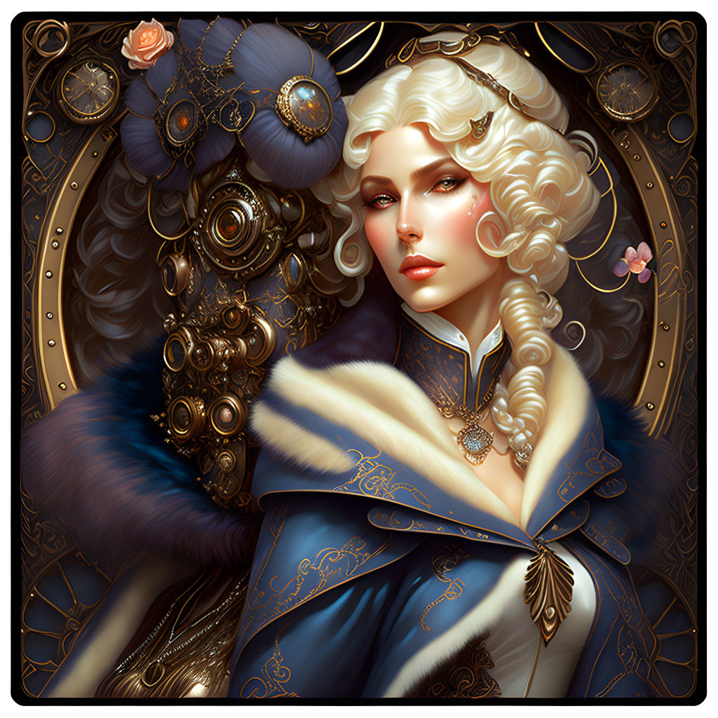 Regal woman with curly white hair in blue and gold cloak