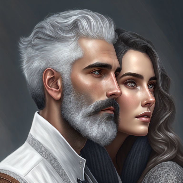 Realistic digital painting of man with white beard and woman with dark hair