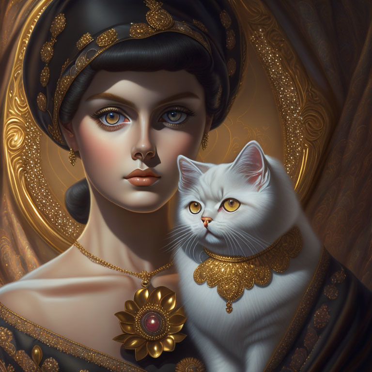 Elegant Woman with Dark Hair and White Cat in Golden Setting