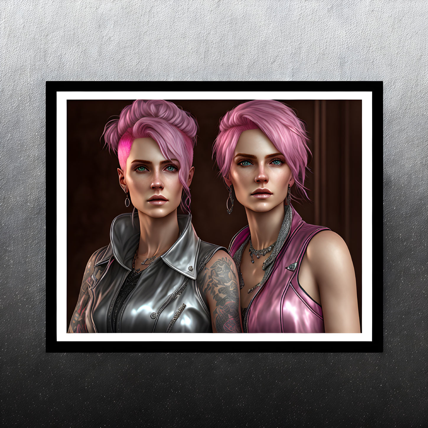 Digital illustration: Two characters with pink hair and tattoos in leather vests on textured wall